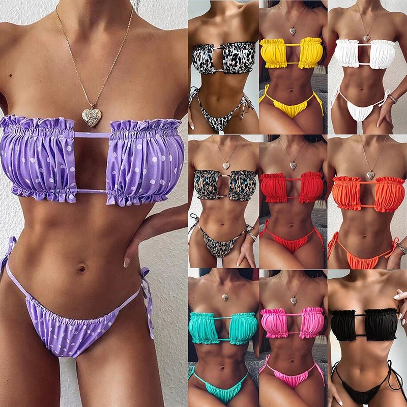 Timeless Glamour: Solid Pleated Bandeau Bikini Set 2023