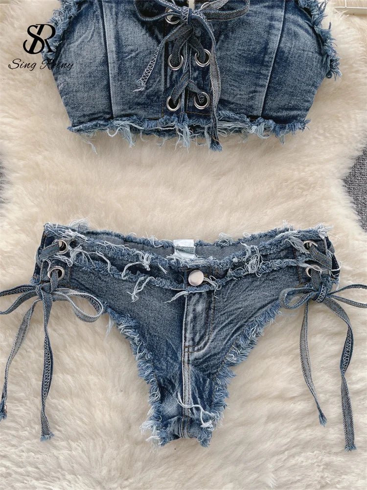 Vintage Vibes Denim Bikini Set - Retro Summer Halter Camis + Mini Pant