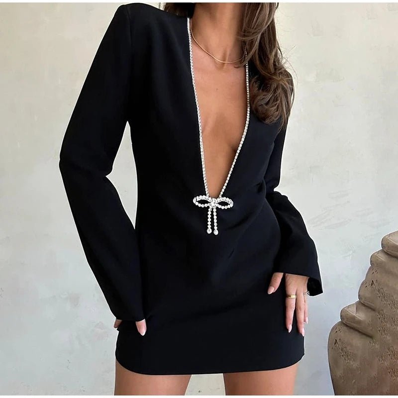 Chic Sophistication: Deep V Long Sleeve Mini Dress