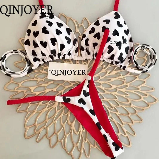 Heartfelt Allure: QINJOYER 2023 Cute Heart Print Brazilian Bikini Set