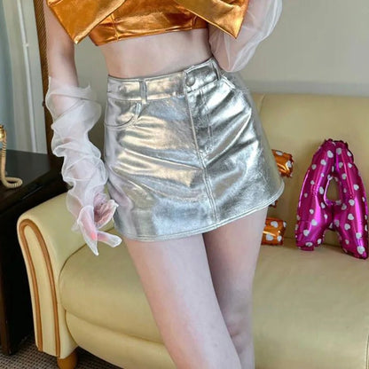 Radiant Reflection Mini Skirt - Pink & Silver Shiny Patent Leather