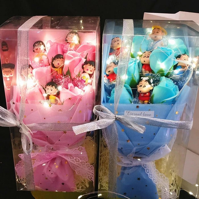 Magical Disney Figure Bouquet: Lilo, Stitch, Doraemon, Chi-bi Maruko Cartoon Characters with Soap Flowers