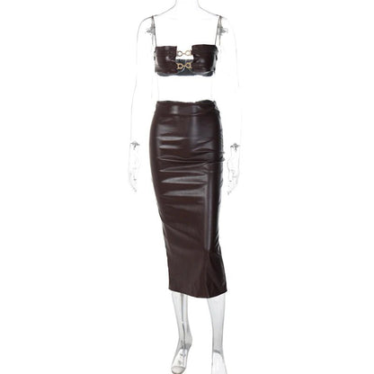 Hugcitar Elegant Leather Ensemble: Slip Crop Camis and Slit Midi Skirt