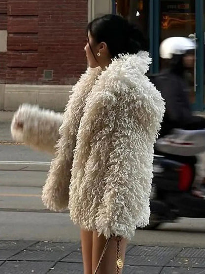 Elegant Turndown Collar Faux Fur Coat