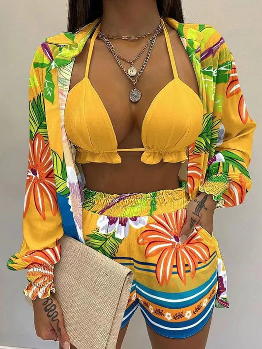 Sunlit Glamour: 2023 New Yellow Print High Waist Bikini Set