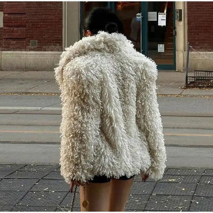 Elegant Turndown Collar Faux Fur Coat