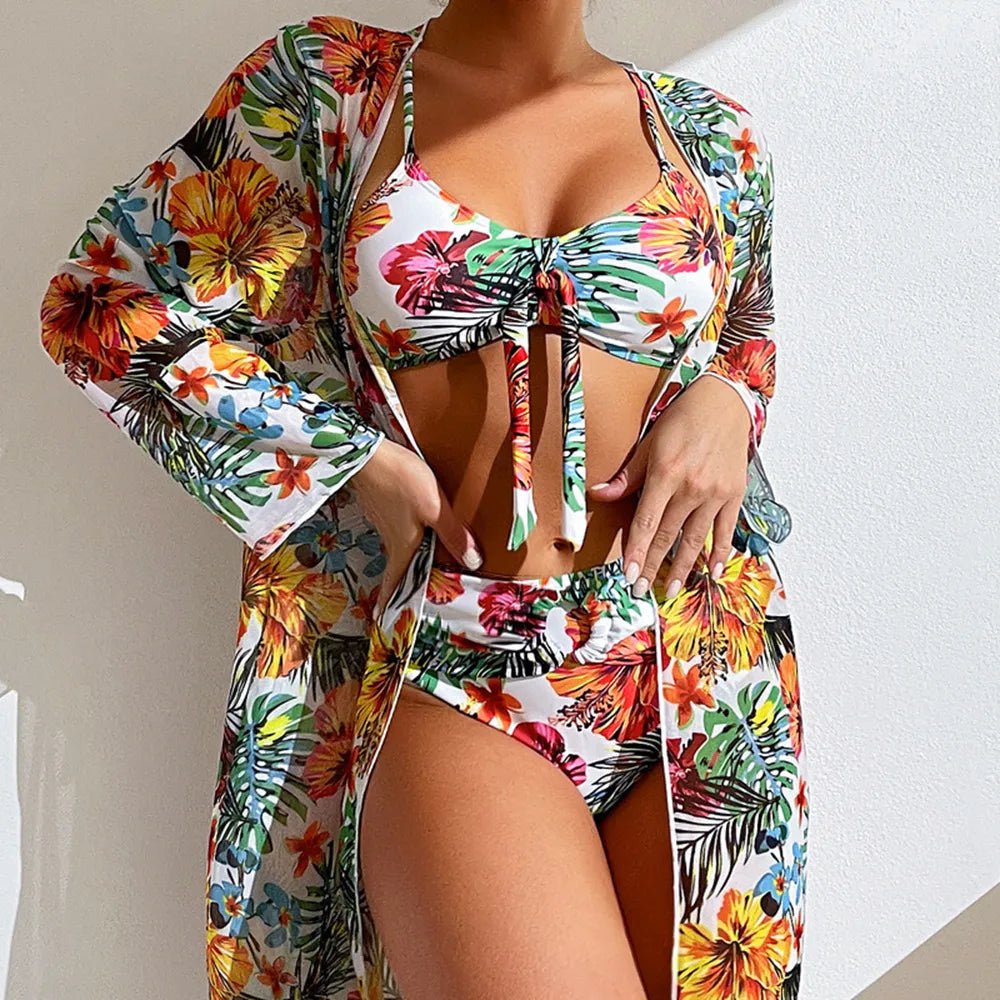 Floral Elegance: Sexy Three-Piece High Waisted Bikini Set - 2023 New Arrival