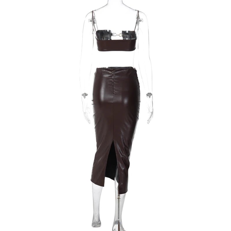 Hugcitar Elegant Leather Ensemble: Slip Crop Camis and Slit Midi Skirt