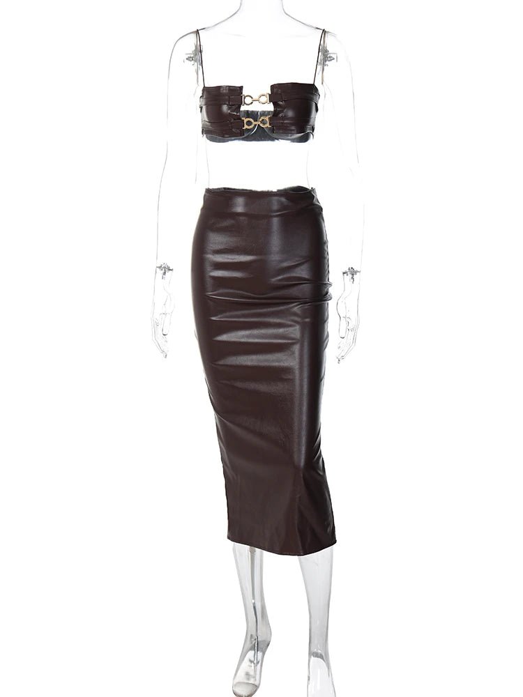 Hugcitar Elegant Leather Ensemble: Slip Crop Camis and Slit Midi Skirt