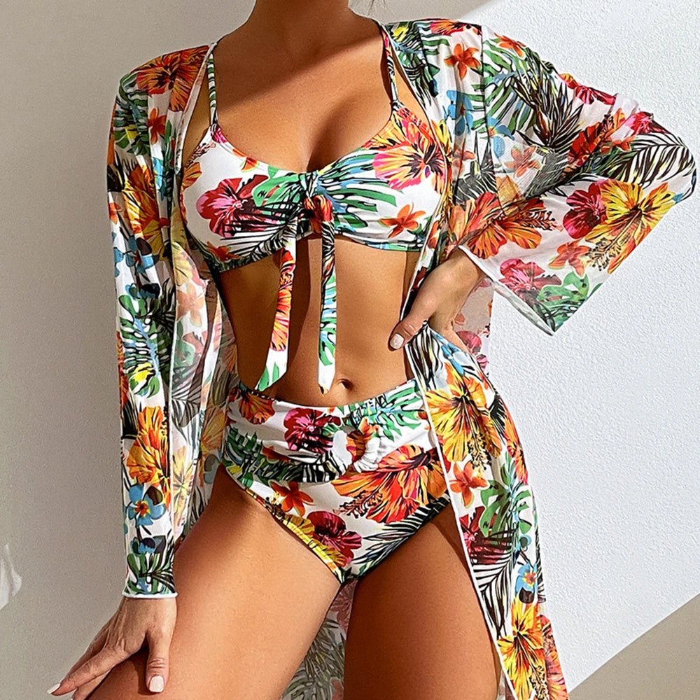 Floral Elegance: Sexy Three-Piece High Waisted Bikini Set - 2023 New Arrival