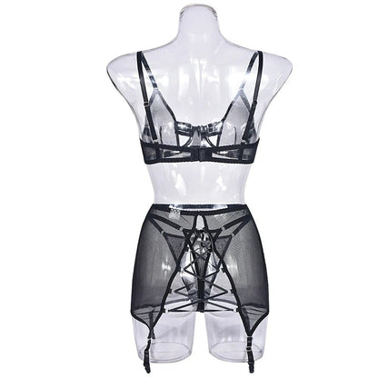 Mesh Cut-Out Lingerie Set with Garter - Black