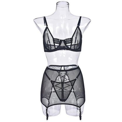 Mesh Cut-Out Lingerie Set with Garter - Black