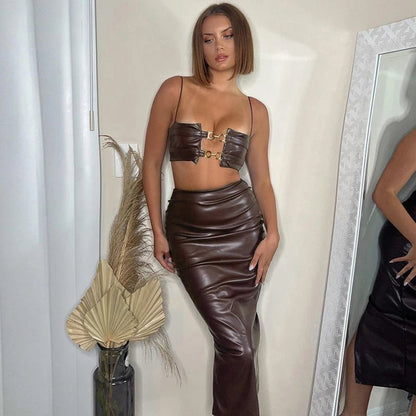 Hugcitar Elegant Leather Ensemble: Slip Crop Camis and Slit Midi Skirt