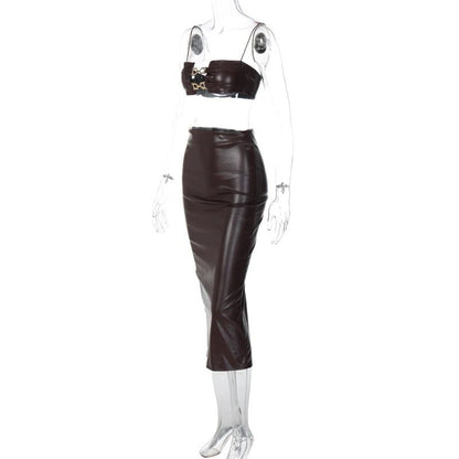 Hugcitar Elegant Leather Ensemble: Slip Crop Camis and Slit Midi Skirt