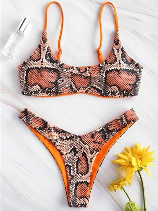 Sleek Serpent: Snake Print Lace-Up Bikini Set