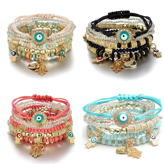 Bohemian Protection: 6-Piece Evil Eye Bracelet Set with Fatima Hand and Heart Charms