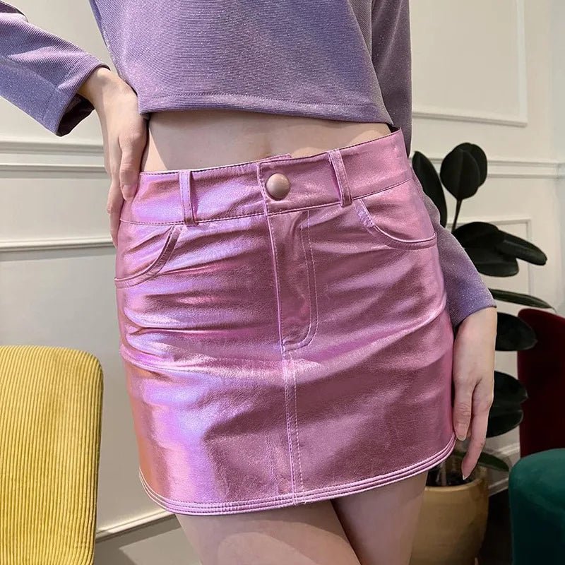 Radiant Reflection Mini Skirt - Pink & Silver Shiny Patent Leather