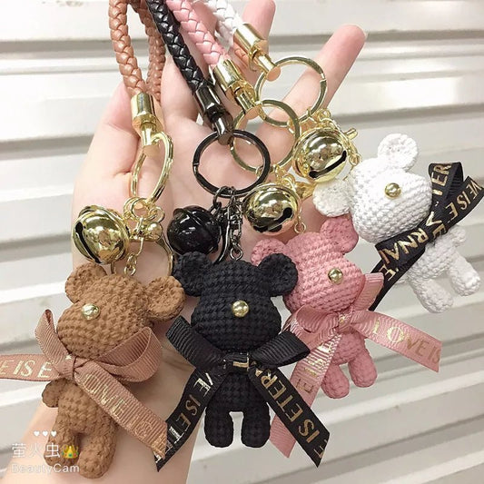 Adorable Charm: Bear and Rabbit Resin Keychain with Bow Bell