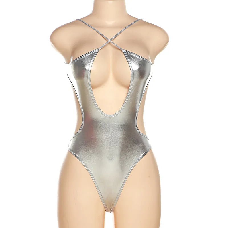 Radiant Allure: Metallic Shiny One-Piece Swimsuit