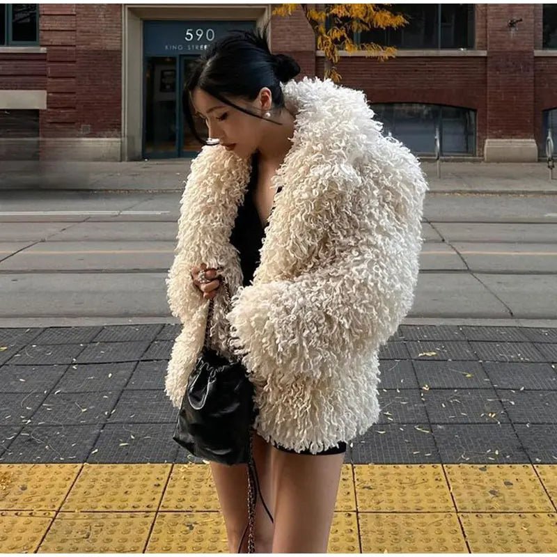 Elegant Turndown Collar Faux Fur Coat