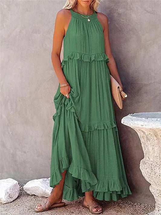 Elegance in Green: Summer Ruffle Halter Maxi Dress