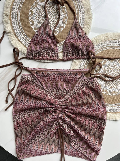 Autumn Elegance: Women's Colored Maple Leaves Knitted Three-Piece Bikini Set