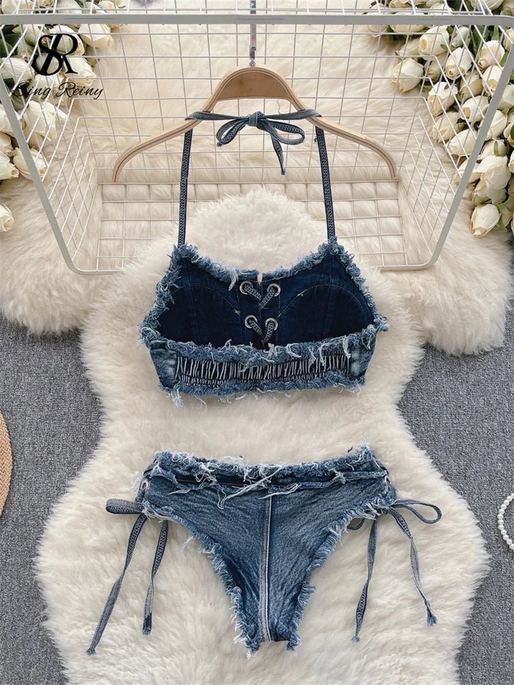 Vintage Vibes Denim Bikini Set - Retro Summer Halter Camis + Mini Pant