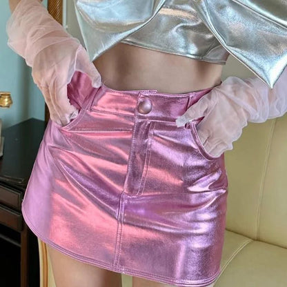 Radiant Reflection Mini Skirt - Pink & Silver Shiny Patent Leather