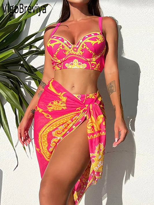 Chic Coordination: VigoBreviya 2023 3-Piece High Waist Skirt Bikini Set