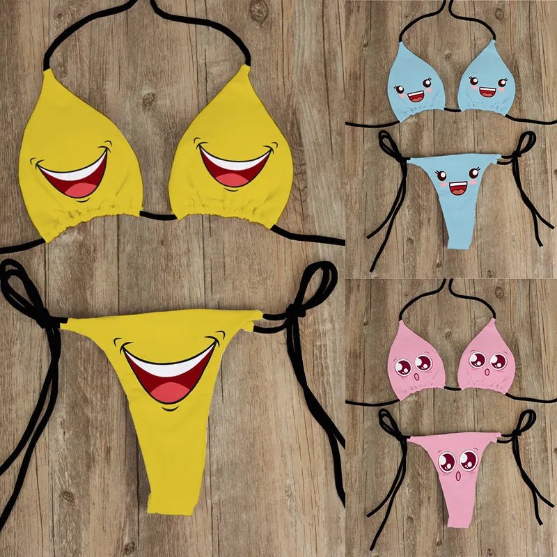 Sunshine Chic: Yellow Cartoon Print Bikini Set