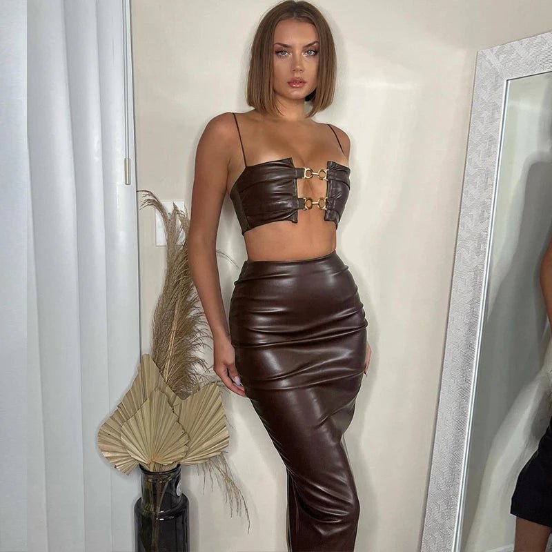 Hugcitar Elegant Leather Ensemble: Slip Crop Camis and Slit Midi Skirt