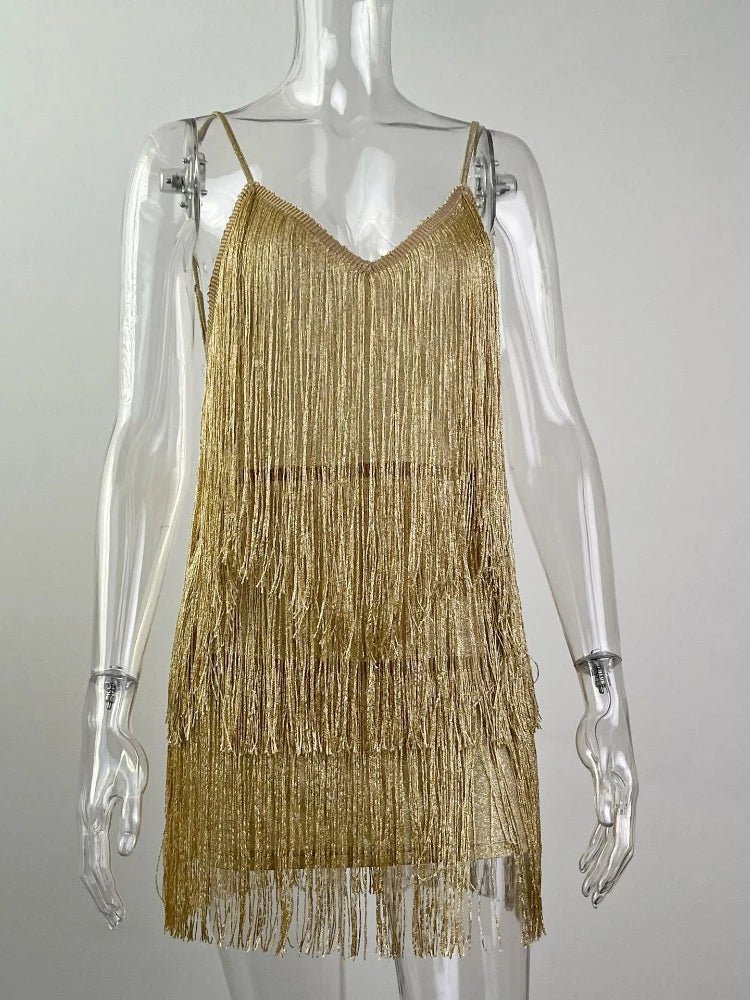 Allure in Motion: Deep V-Neck Fringe Bodycon Mini Dress