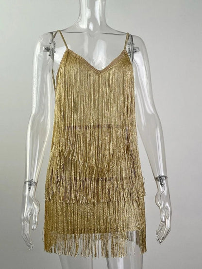 Allure in Motion: Deep V-Neck Fringe Bodycon Mini Dress