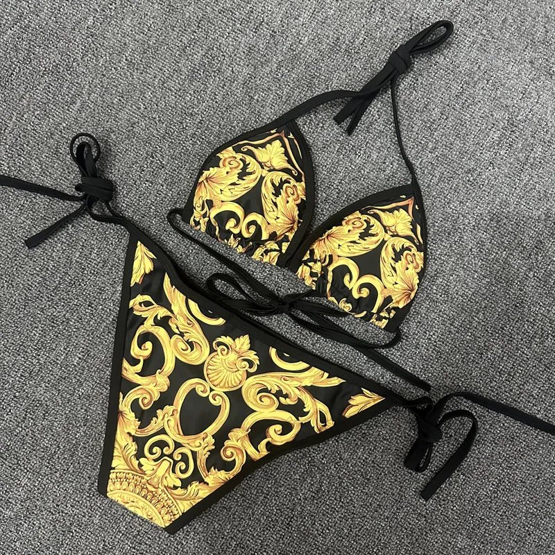 Golden Blossom: New Floral Print Two-Piece Bikini Set 2023