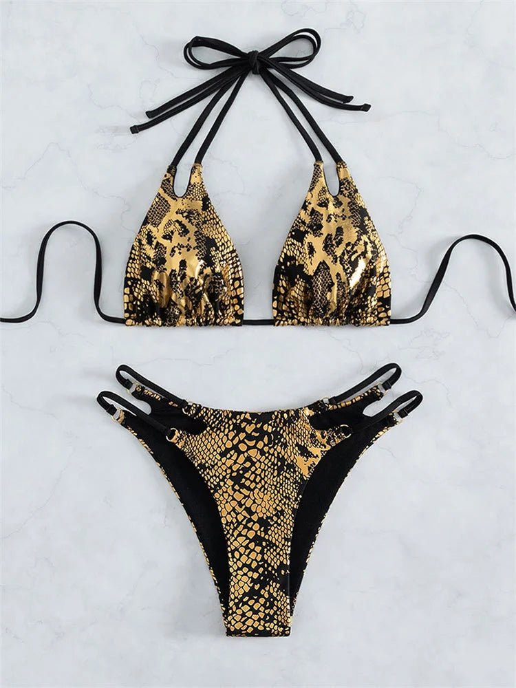 Radiant Serpent: Gold Snake Print Bikini Set 2023