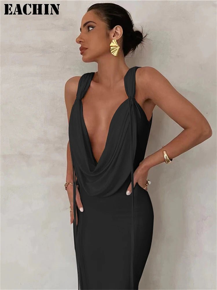 EACHIN Swinging Collar Maxi Dress