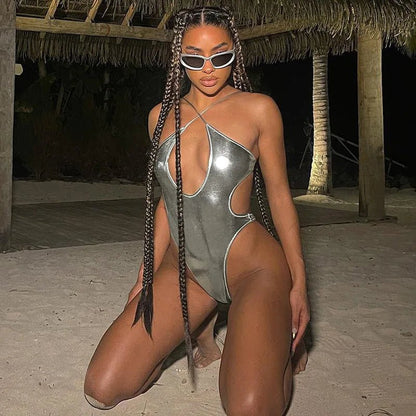 Radiant Allure: Metallic Shiny One-Piece Swimsuit