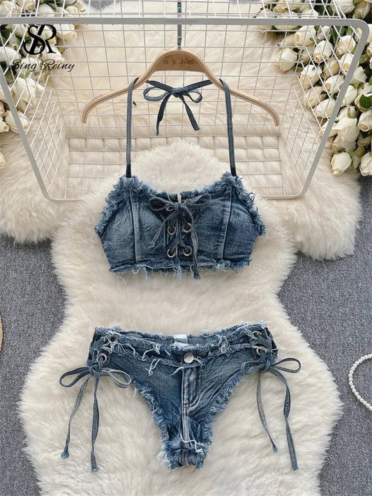 Vintage Vibes Denim Bikini Set - Retro Summer Halter Camis + Mini Pant