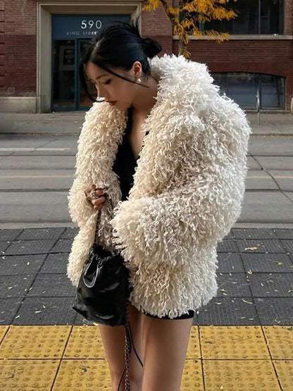 Elegant Turndown Collar Faux Fur Coat