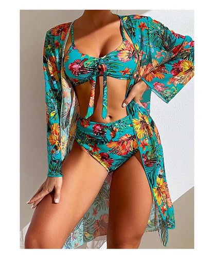 Floral Elegance: Sexy Three-Piece High Waisted Bikini Set - 2023 New Arrival