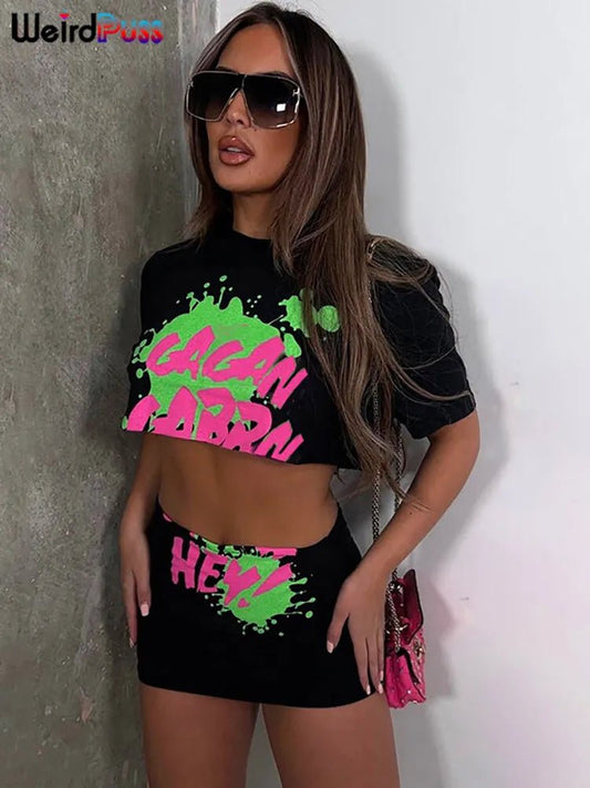 Weird Puss Graffiti Print 2-Piece Streetwear Set