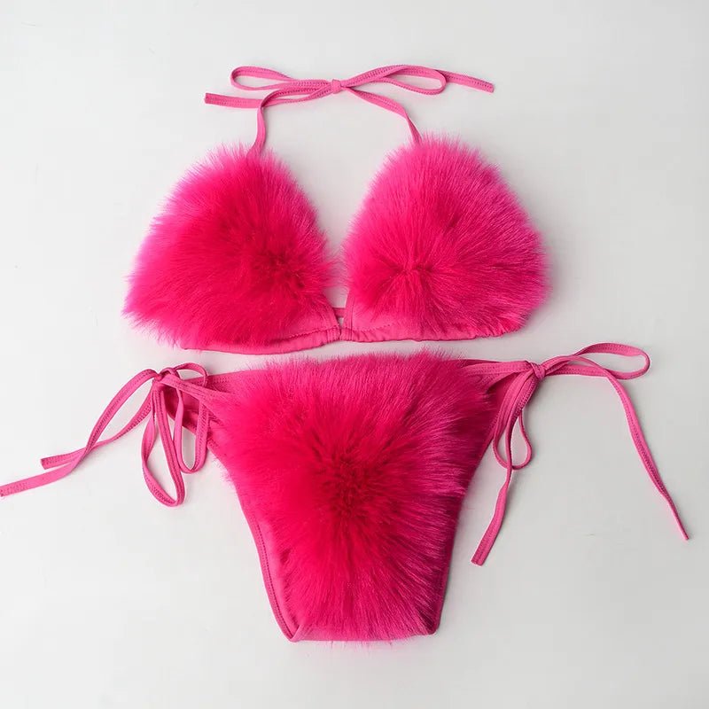 Luxurious Fur Elegance: New Solid Color Split Bikini