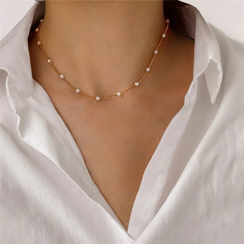 LATS Beads Kpop Pearl Choker: Elegant Gold Color Necklace for Girls