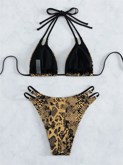 Radiant Serpent: Gold Snake Print Bikini Set 2023