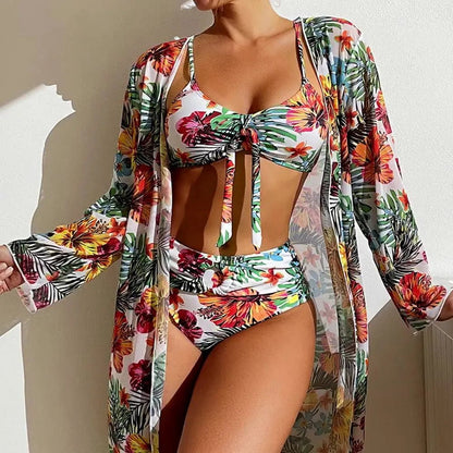 Floral Elegance: Sexy Three-Piece High Waisted Bikini Set - 2023 New Arrival