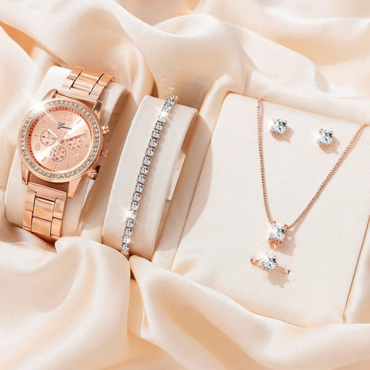 Elegance in Six: Luxury Rhinestone Fashion Watch and Jewelry Set for Women