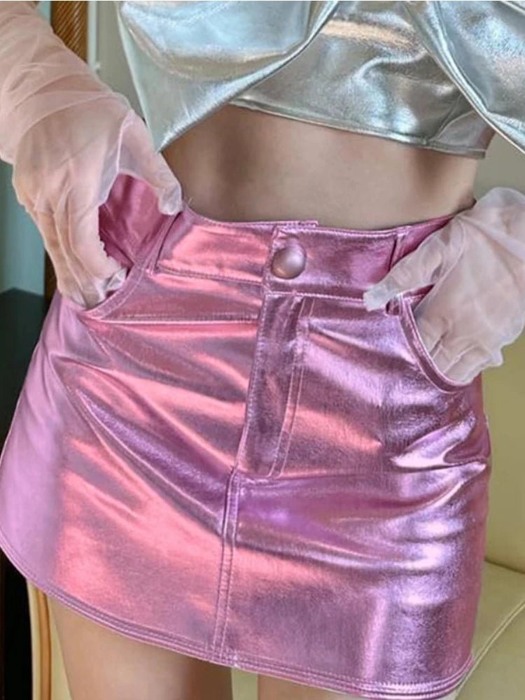 Radiant Reflection Mini Skirt - Pink & Silver Shiny Patent Leather