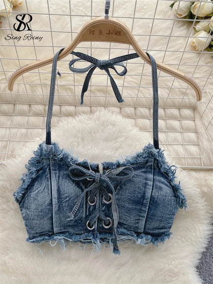 Vintage Vibes Denim Bikini Set - Retro Summer Halter Camis + Mini Pant