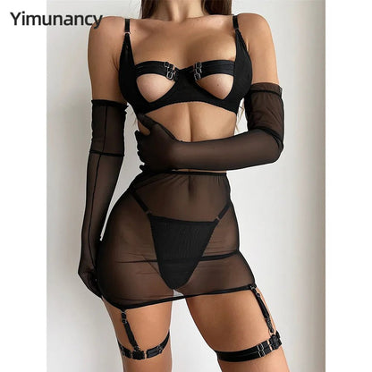 Mesh Cut-Out Lingerie Set with Garter - Black