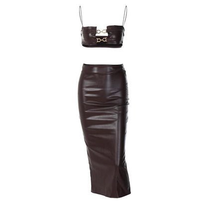 Hugcitar Elegant Leather Ensemble: Slip Crop Camis and Slit Midi Skirt